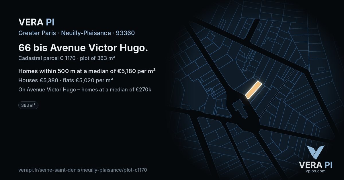 66 bis Avenue Victor Hugo, Neuilly-Plaisance at night – the plot lit, the parcels around coloured by the prices near them
