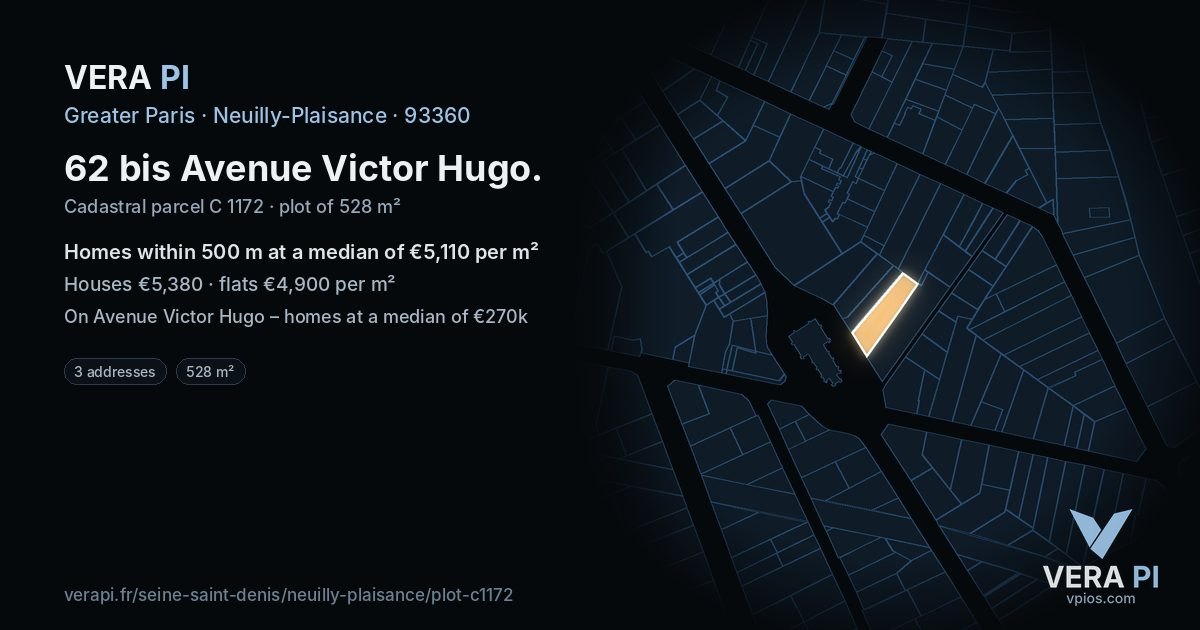 62 bis Avenue Victor Hugo, Neuilly-Plaisance at night – the plot lit, the parcels around coloured by the prices near them
