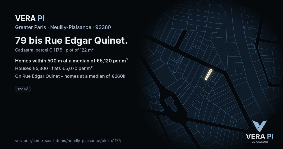 79 bis Rue Edgar Quinet, Neuilly-Plaisance at night – the plot lit, the parcels around coloured by the prices near them