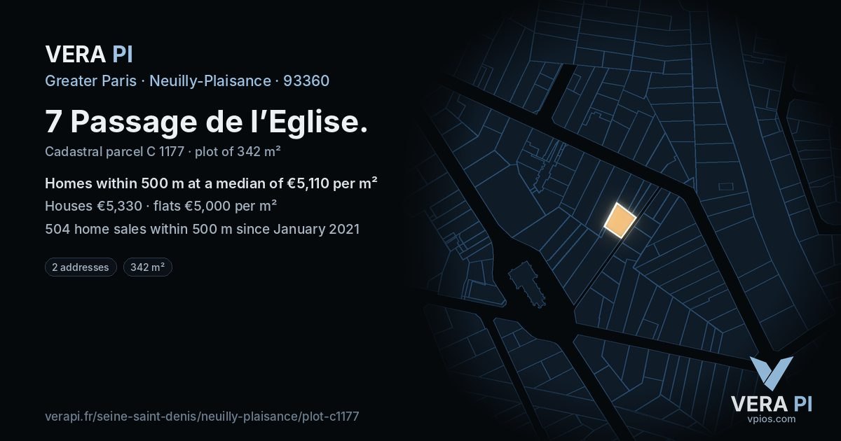 7 Passage de l’Eglise, Neuilly-Plaisance at night – the plot lit, the parcels around coloured by the prices near them
