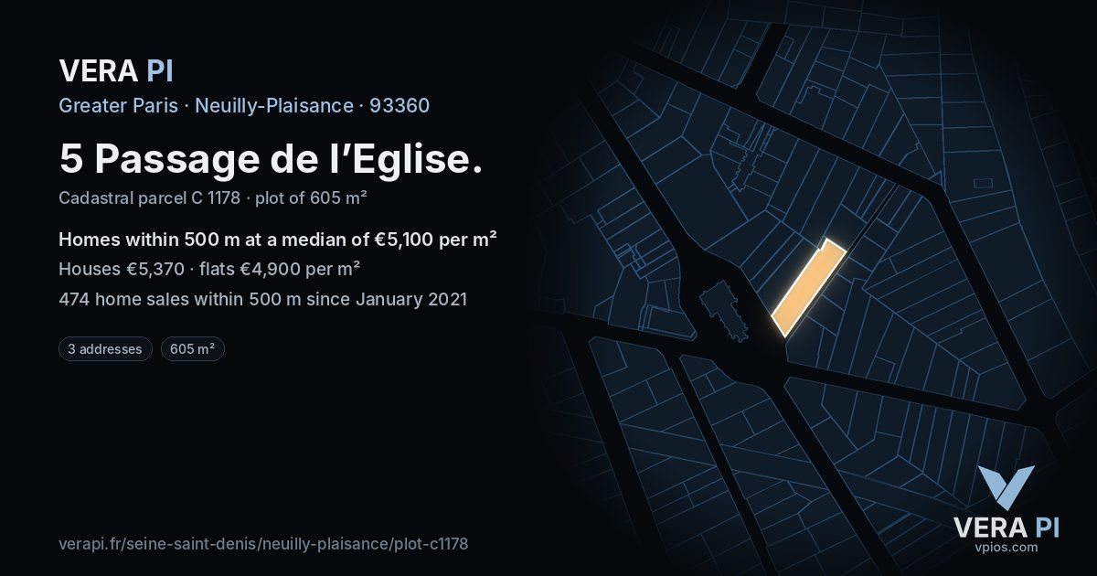 5 Passage de l’Eglise, Neuilly-Plaisance at night – the plot lit, the parcels around coloured by the prices near them