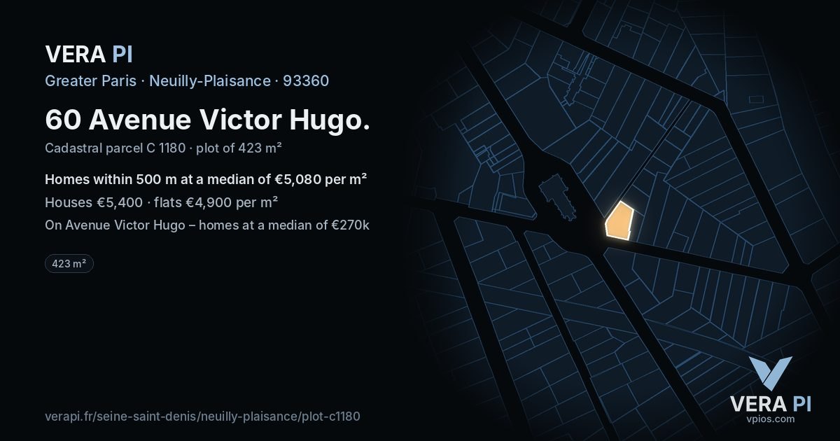 60 Avenue Victor Hugo, Neuilly-Plaisance at night – the plot lit, the parcels around coloured by the prices near them