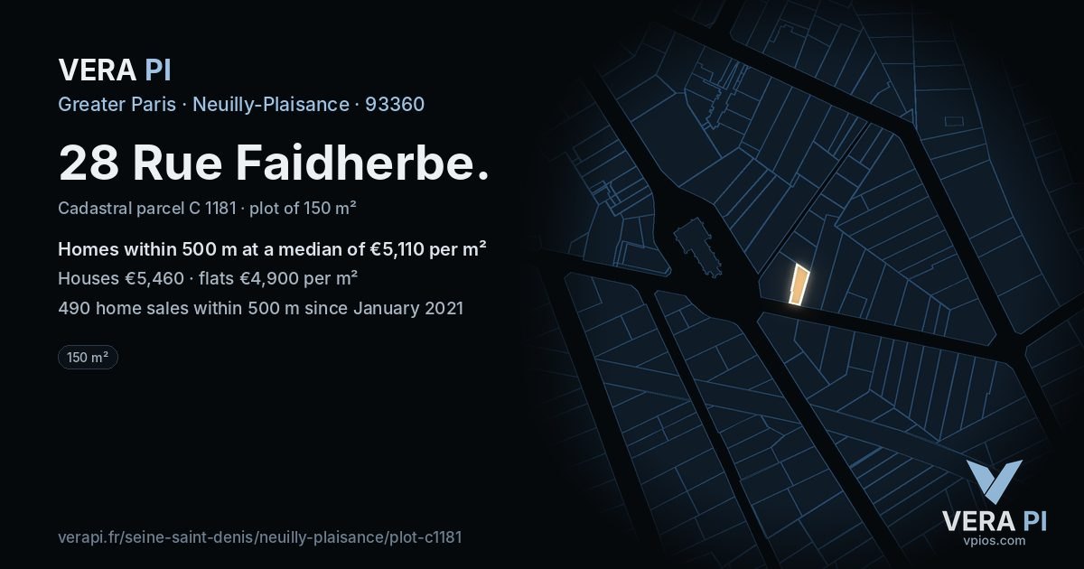 28 Rue Faidherbe, Neuilly-Plaisance at night – the plot lit, the parcels around coloured by the prices near them