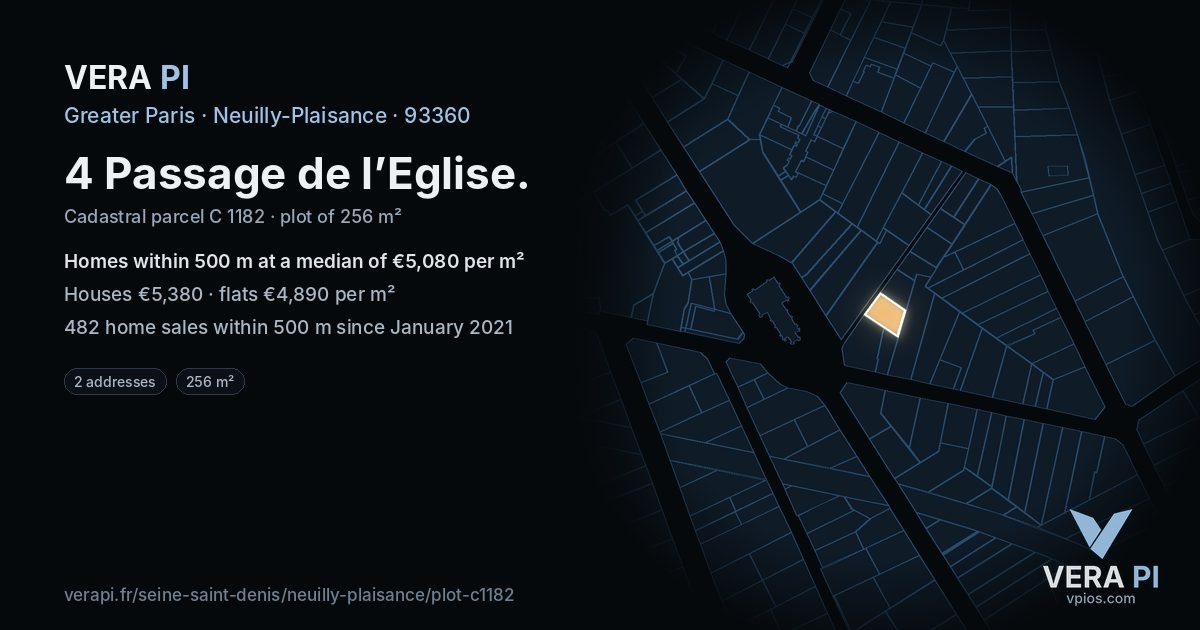 4 Passage de l’Eglise, Neuilly-Plaisance at night – the plot lit, the parcels around coloured by the prices near them
