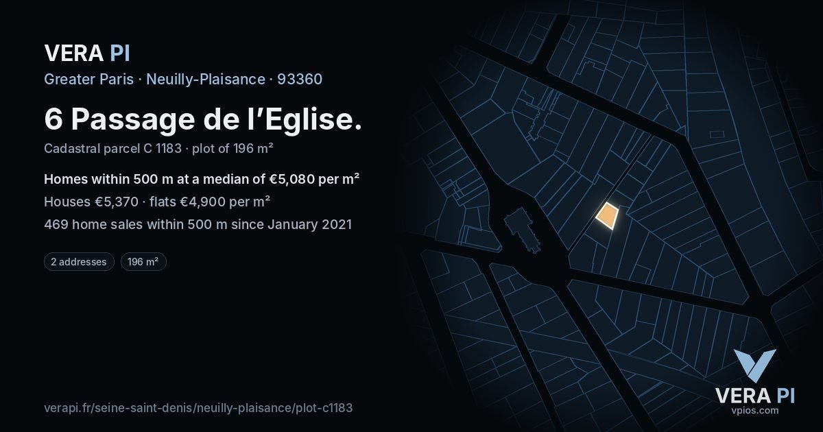 6 Passage de l’Eglise, Neuilly-Plaisance at night – the plot lit, the parcels around coloured by the prices near them