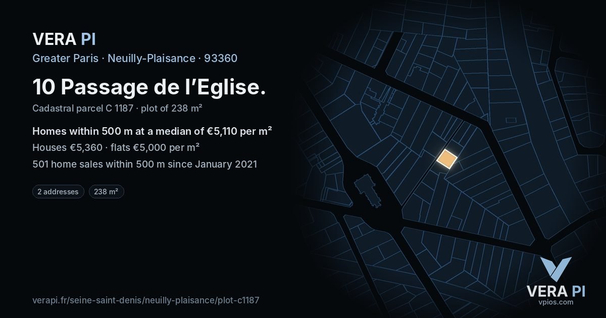 10 Passage de l’Eglise, Neuilly-Plaisance at night – the plot lit, the parcels around coloured by the prices near them