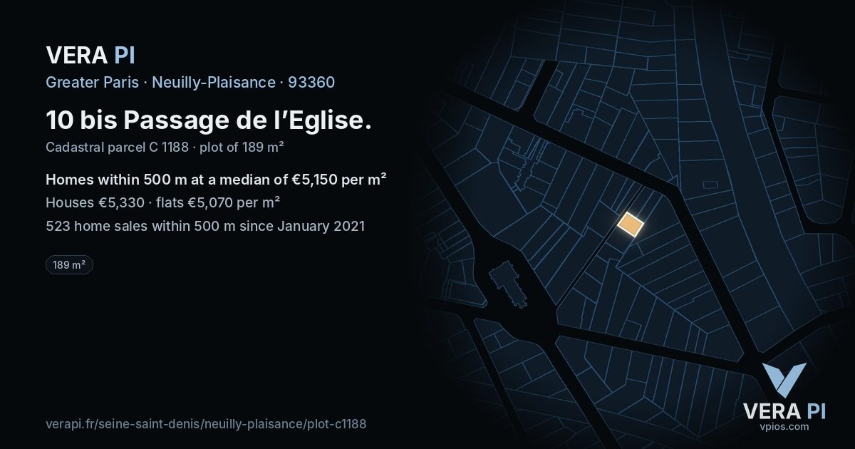10 bis Passage de l’Eglise, Neuilly-Plaisance at night – the plot lit, the parcels around coloured by the prices near them