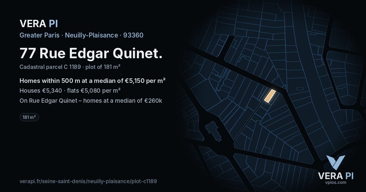 77 Rue Edgar Quinet, Neuilly-Plaisance at night – the plot lit, the parcels around coloured by the prices near them