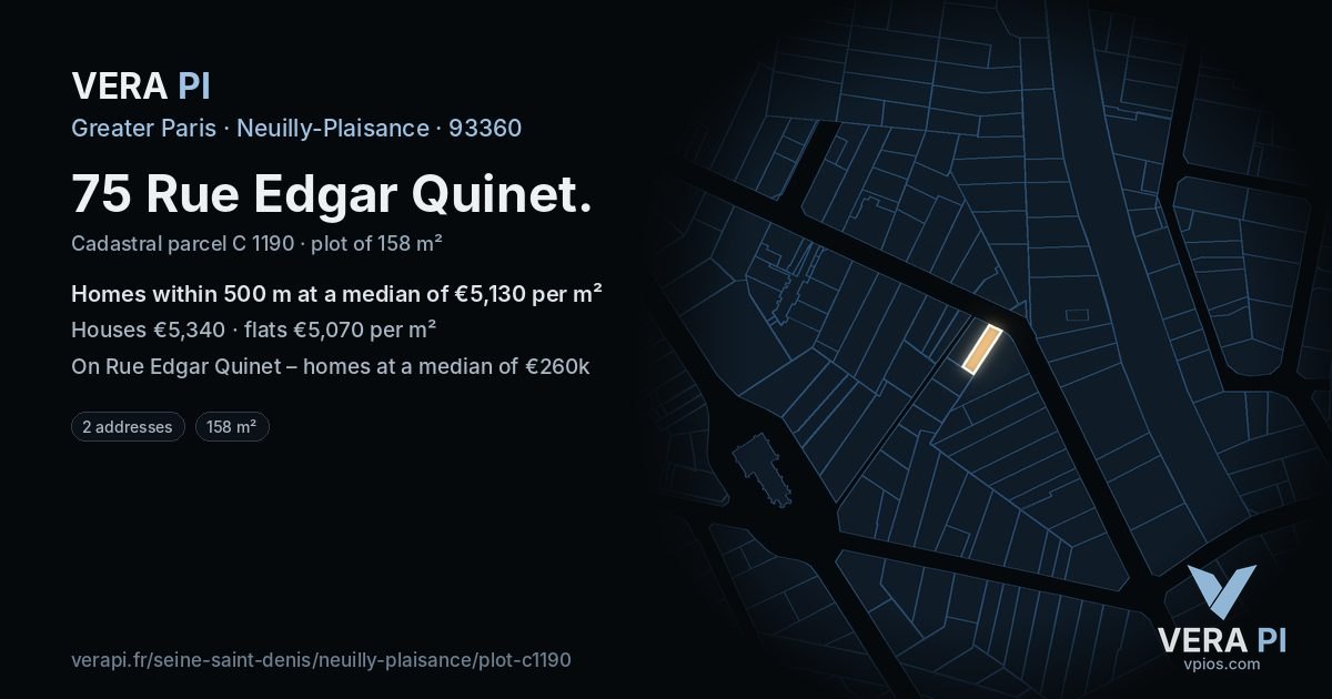 75 Rue Edgar Quinet, Neuilly-Plaisance at night – the plot lit, the parcels around coloured by the prices near them