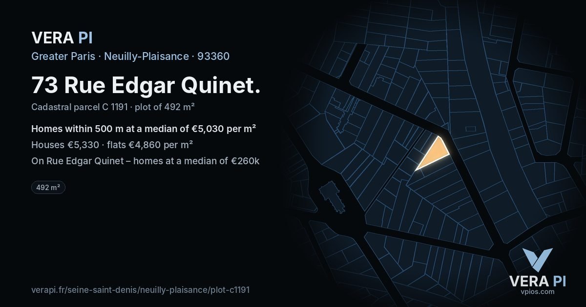 73 Rue Edgar Quinet, Neuilly-Plaisance at night – the plot lit, the parcels around coloured by the prices near them
