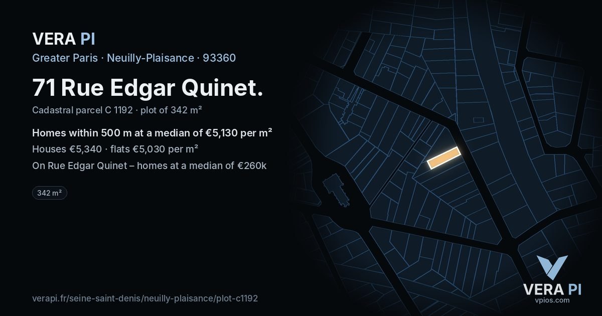 71 Rue Edgar Quinet, Neuilly-Plaisance at night – the plot lit, the parcels around coloured by the prices near them