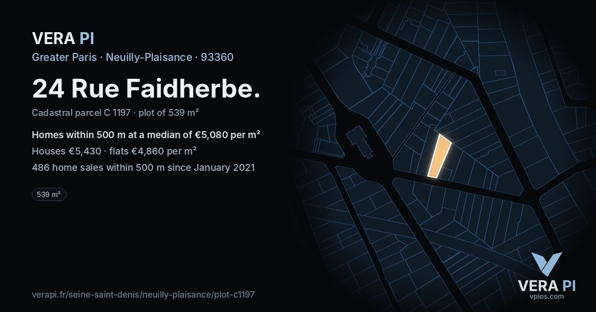 24 Rue Faidherbe, Neuilly-Plaisance at night – the plot lit, the parcels around coloured by the prices near them