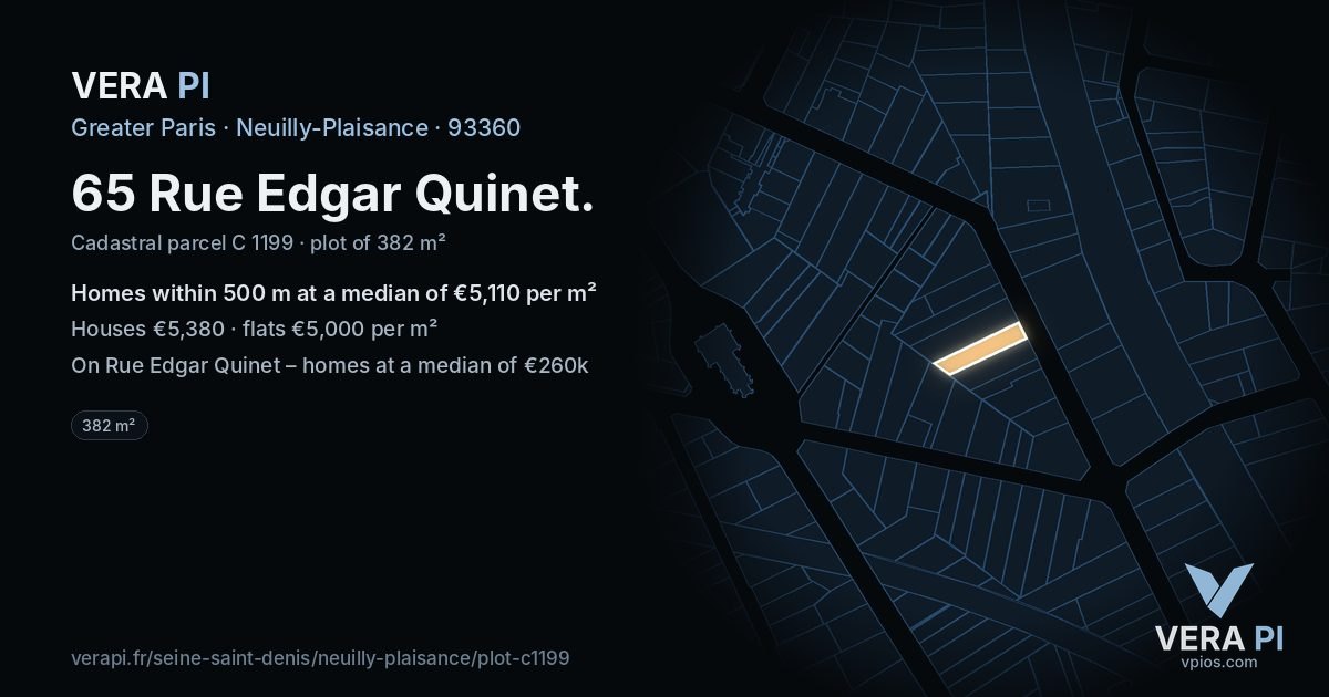 65 Rue Edgar Quinet, Neuilly-Plaisance at night – the plot lit, the parcels around coloured by the prices near them
