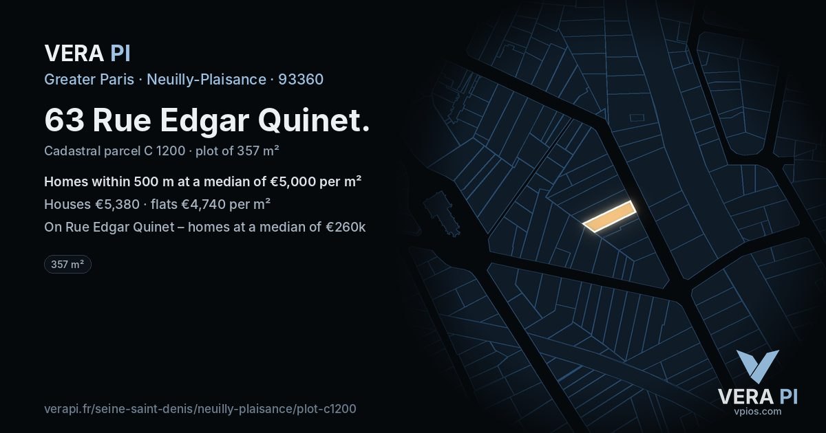 63 Rue Edgar Quinet, Neuilly-Plaisance at night – the plot lit, the parcels around coloured by the prices near them