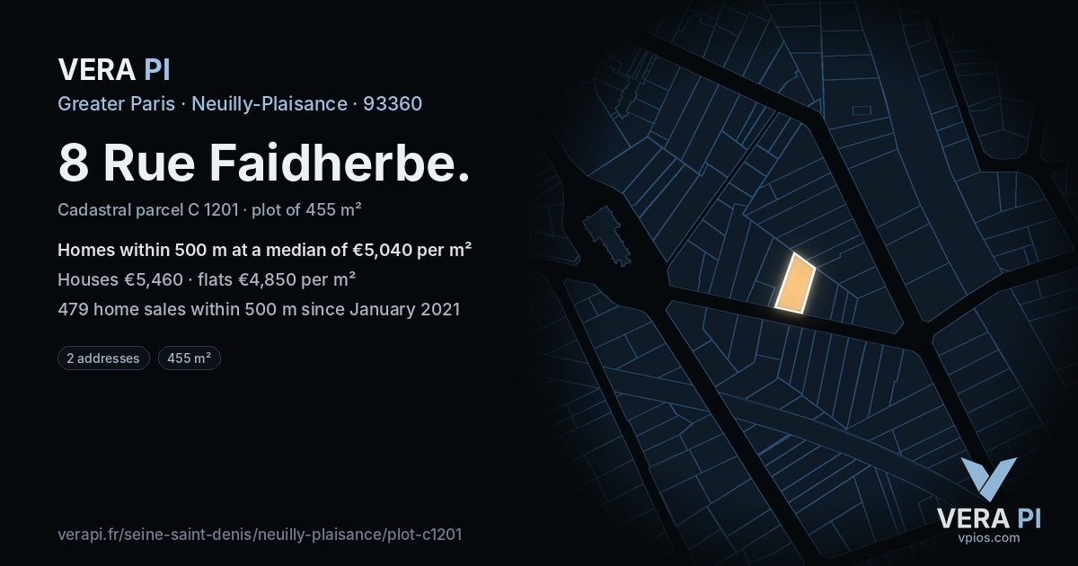 8 Rue Faidherbe, Neuilly-Plaisance at night – the plot lit, the parcels around coloured by the prices near them