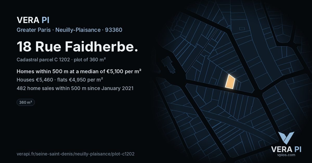 18 Rue Faidherbe, Neuilly-Plaisance at night – the plot lit, the parcels around coloured by the prices near them