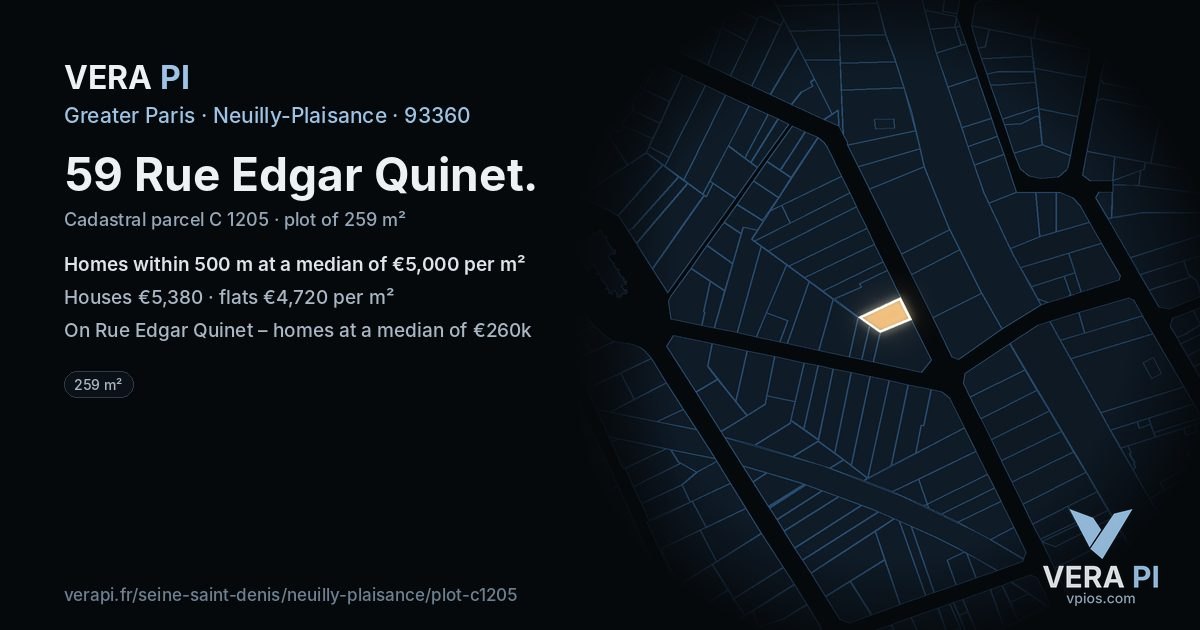 59 Rue Edgar Quinet, Neuilly-Plaisance at night – the plot lit, the parcels around coloured by the prices near them