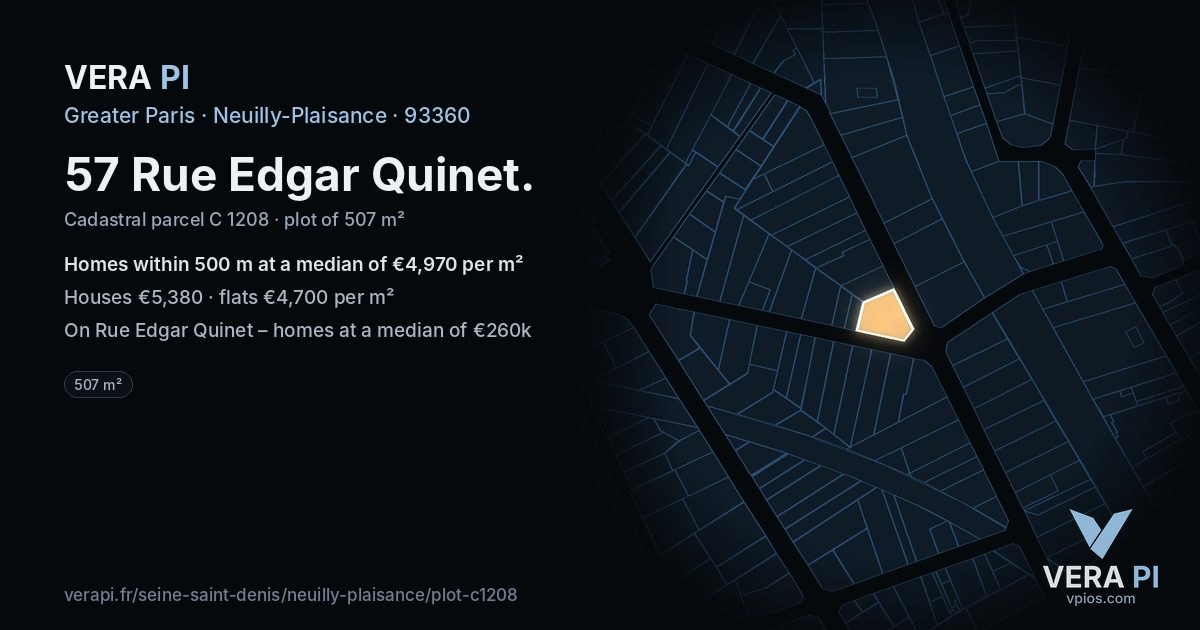 57 Rue Edgar Quinet, Neuilly-Plaisance at night – the plot lit, the parcels around coloured by the prices near them