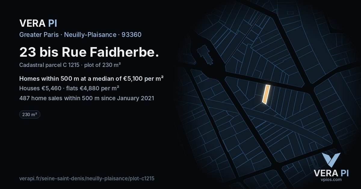 23 bis Rue Faidherbe, Neuilly-Plaisance at night – the plot lit, the parcels around coloured by the prices near them