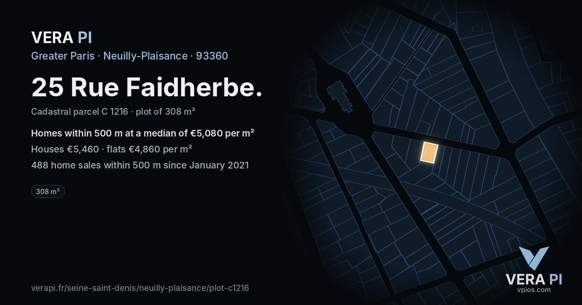25 Rue Faidherbe, Neuilly-Plaisance at night – the plot lit, the parcels around coloured by the prices near them