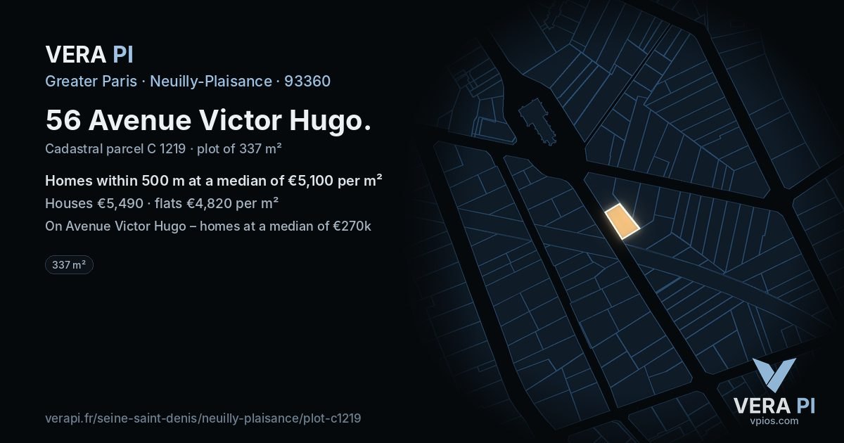 56 Avenue Victor Hugo, Neuilly-Plaisance at night – the plot lit, the parcels around coloured by the prices near them