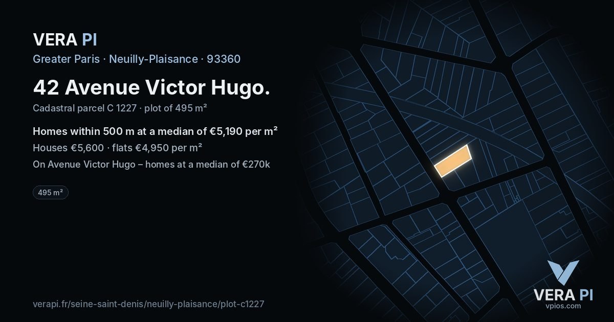 42 Avenue Victor Hugo, Neuilly-Plaisance at night – the plot lit, the parcels around coloured by the prices near them