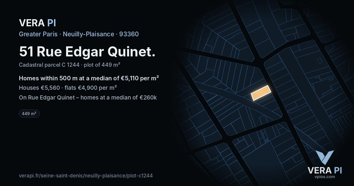 51 Rue Edgar Quinet, Neuilly-Plaisance at night – the plot lit, the parcels around coloured by the prices near them
