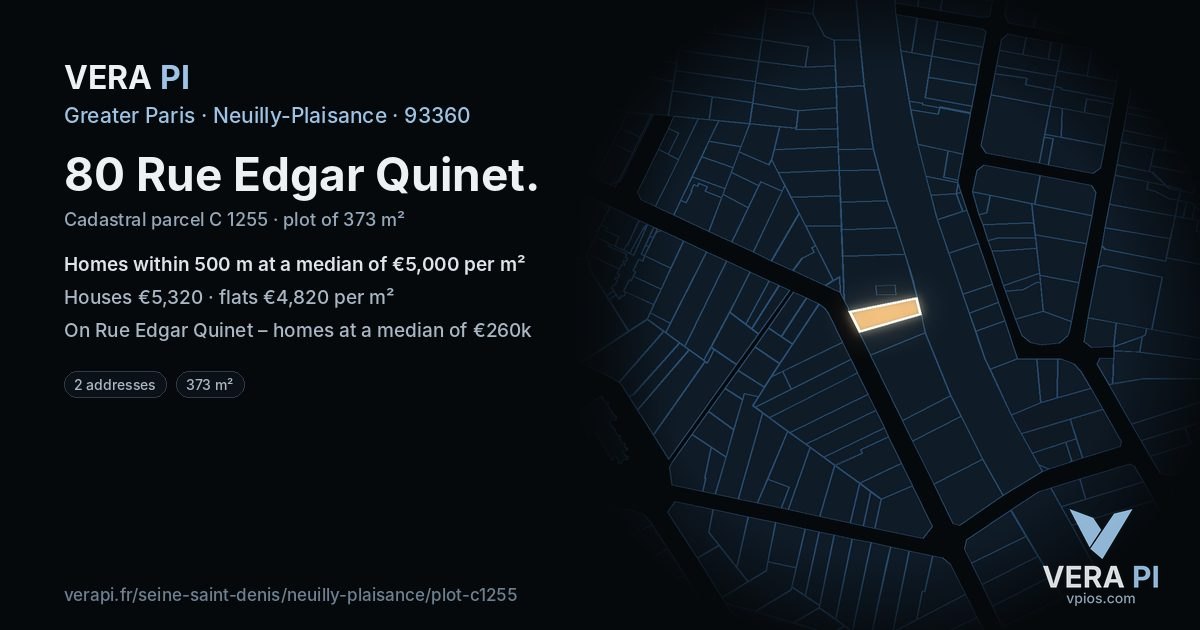 80 Rue Edgar Quinet, Neuilly-Plaisance at night – the plot lit, the parcels around coloured by the prices near them