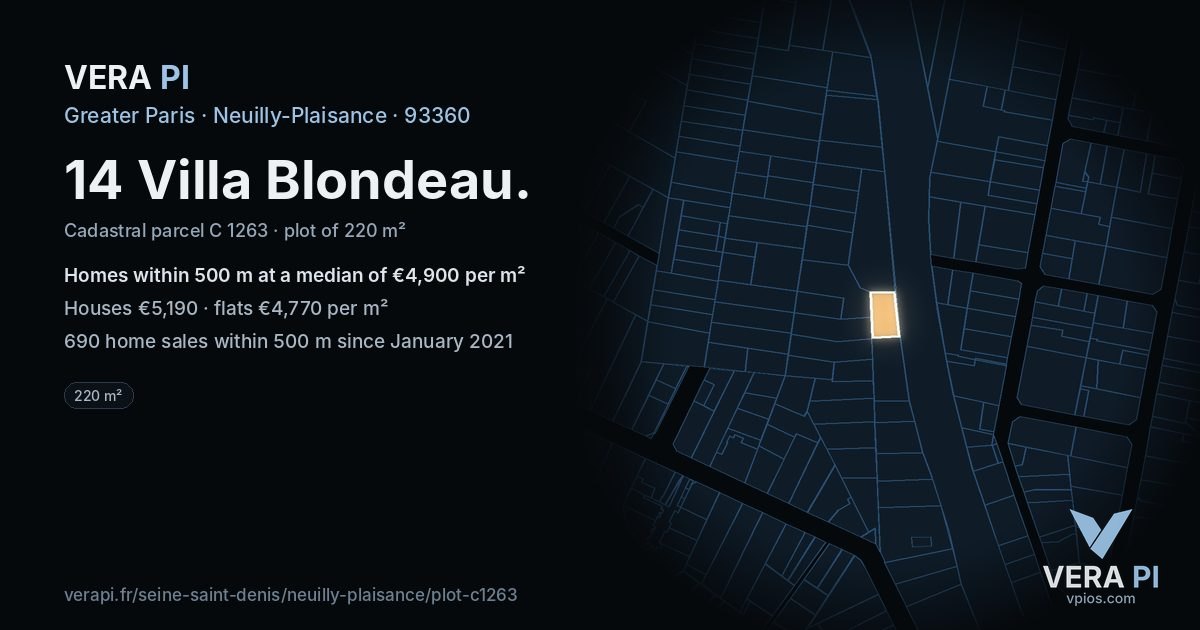 14 Villa Blondeau, Neuilly-Plaisance at night – the plot lit, the parcels around coloured by the prices near them