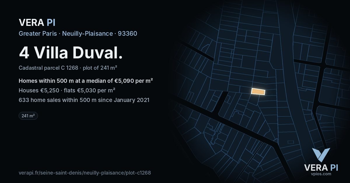 4 Villa Duval, Neuilly-Plaisance at night – the plot lit, the parcels around coloured by the prices near them
