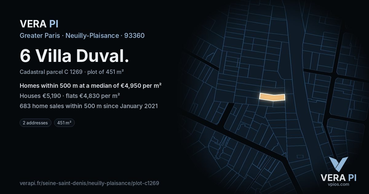 6 Villa Duval, Neuilly-Plaisance at night – the plot lit, the parcels around coloured by the prices near them