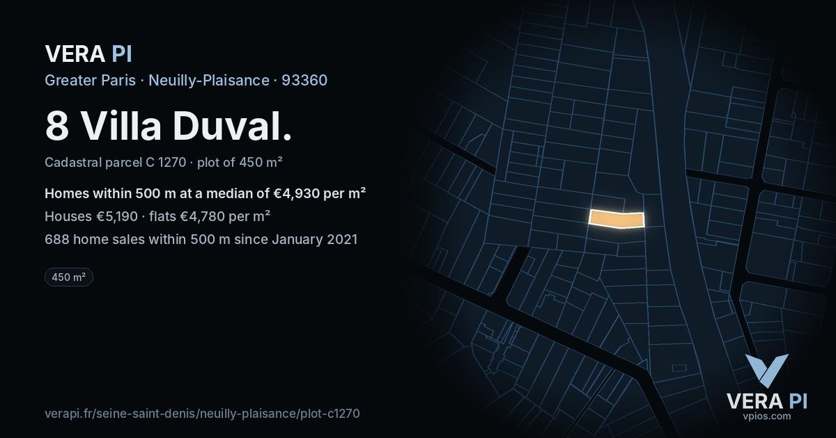8 Villa Duval, Neuilly-Plaisance at night – the plot lit, the parcels around coloured by the prices near them