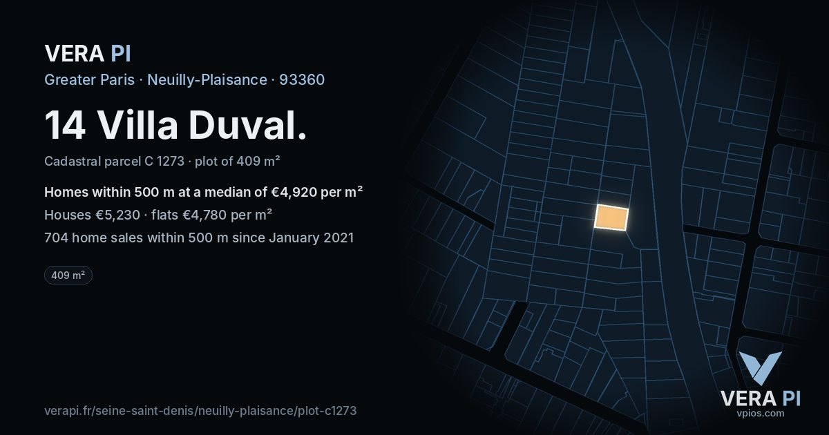 14 Villa Duval, Neuilly-Plaisance at night – the plot lit, the parcels around coloured by the prices near them