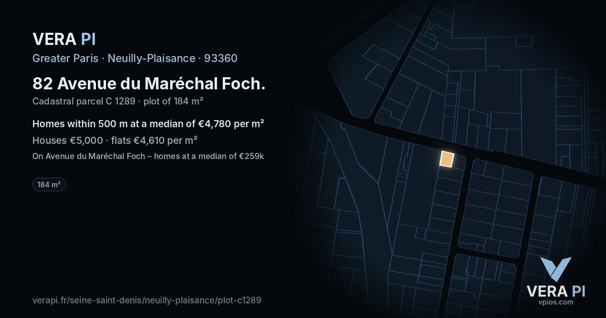 82 Avenue du Maréchal Foch, Neuilly-Plaisance at night – the plot lit, the parcels around coloured by the prices near them
