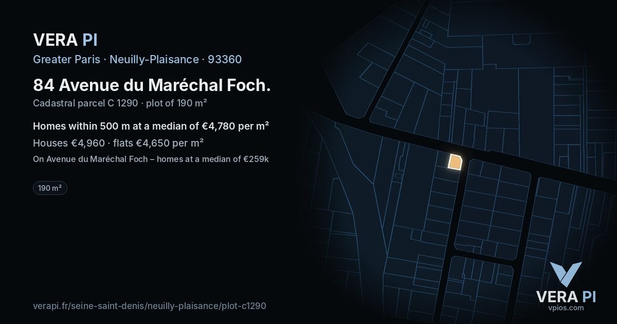 84 Avenue du Maréchal Foch, Neuilly-Plaisance at night – the plot lit, the parcels around coloured by the prices near them
