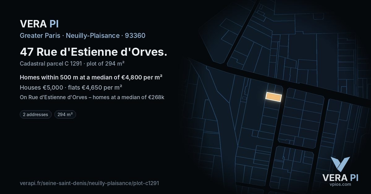 47 Rue d'Estienne d'Orves, Neuilly-Plaisance at night – the plot lit, the parcels around coloured by the prices near them