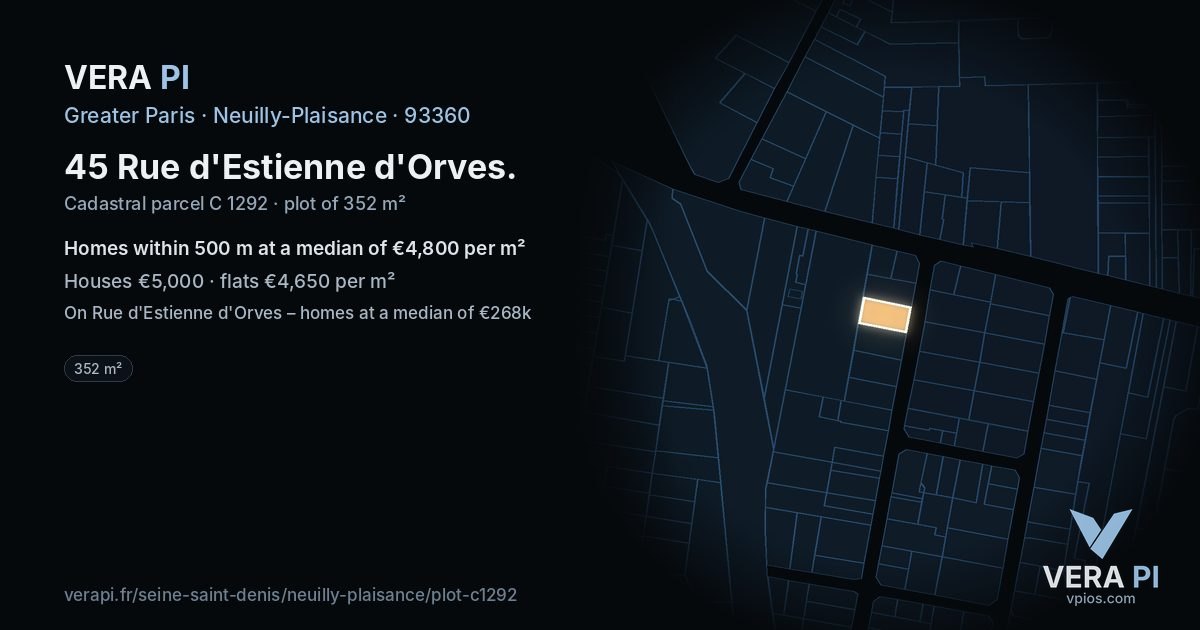 45 Rue d'Estienne d'Orves, Neuilly-Plaisance at night – the plot lit, the parcels around coloured by the prices near them
