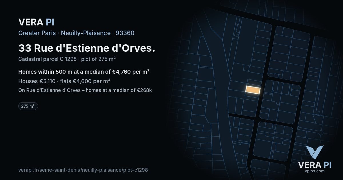33 Rue d'Estienne d'Orves, Neuilly-Plaisance at night – the plot lit, the parcels around coloured by the prices near them