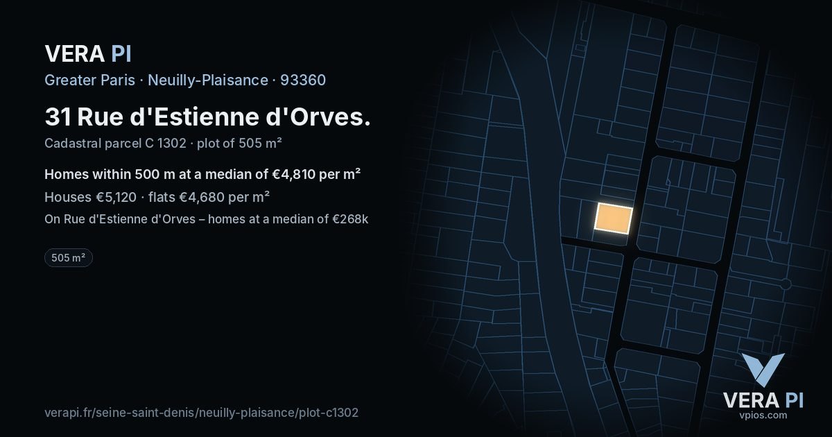 31 Rue d'Estienne d'Orves, Neuilly-Plaisance at night – the plot lit, the parcels around coloured by the prices near them