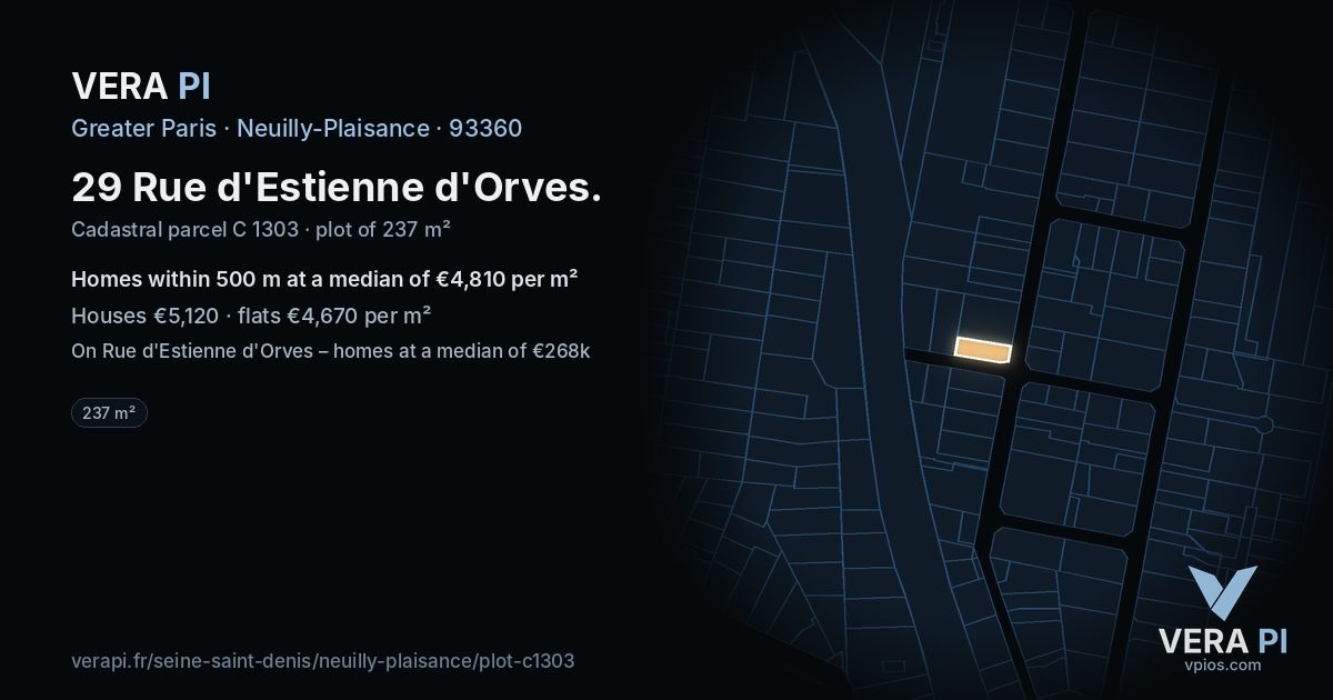 29 Rue d'Estienne d'Orves, Neuilly-Plaisance at night – the plot lit, the parcels around coloured by the prices near them