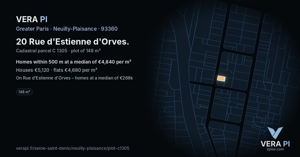 20 Rue d'Estienne d'Orves, Neuilly-Plaisance at night – the plot lit, the parcels around coloured by the prices near them