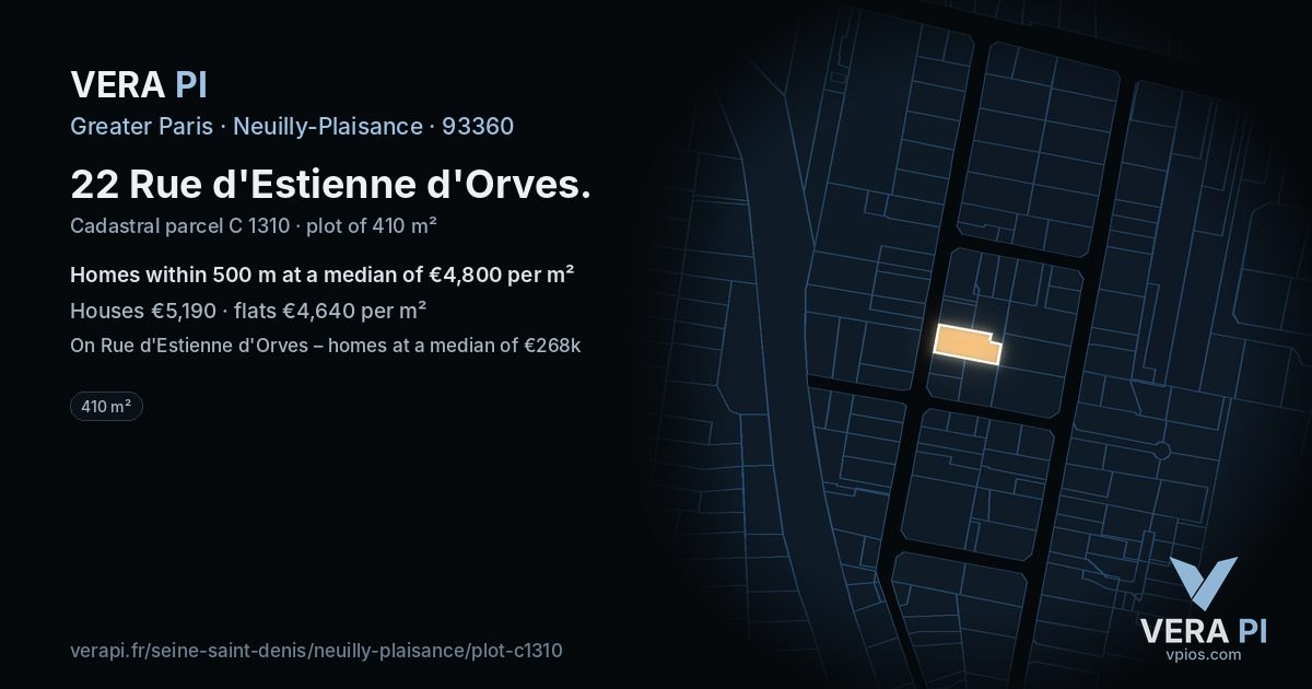 22 Rue d'Estienne d'Orves, Neuilly-Plaisance at night – the plot lit, the parcels around coloured by the prices near them