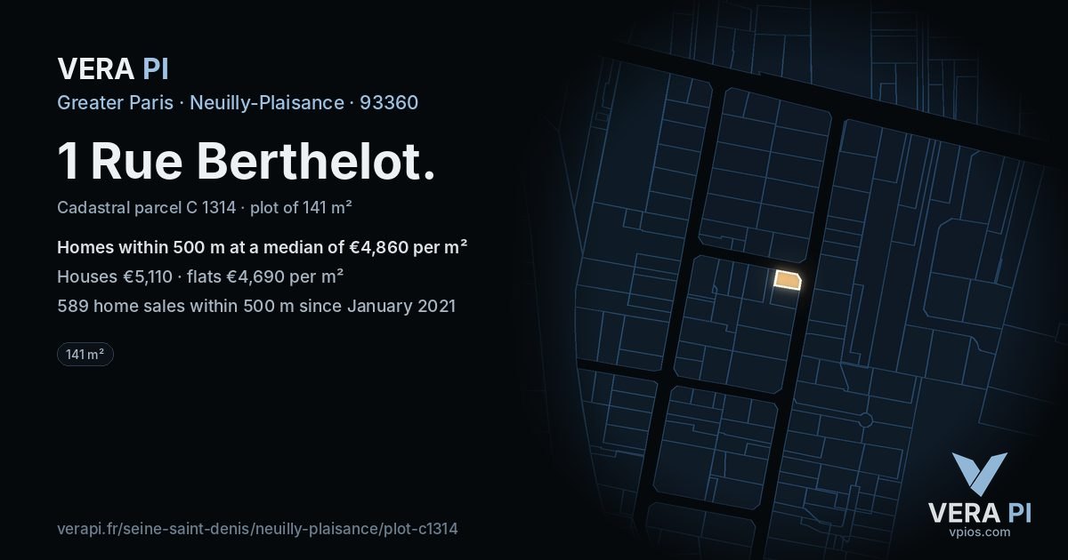 1 Rue Berthelot, Neuilly-Plaisance at night – the plot lit, the parcels around coloured by the prices near them