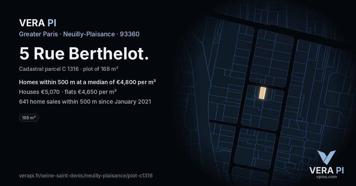 5 Rue Berthelot, Neuilly-Plaisance at night – the plot lit, the parcels around coloured by the prices near them