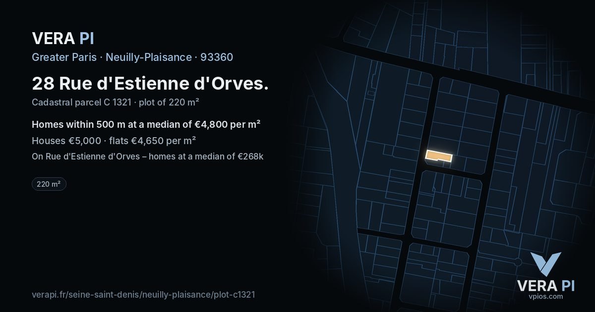 28 Rue d'Estienne d'Orves, Neuilly-Plaisance at night – the plot lit, the parcels around coloured by the prices near them