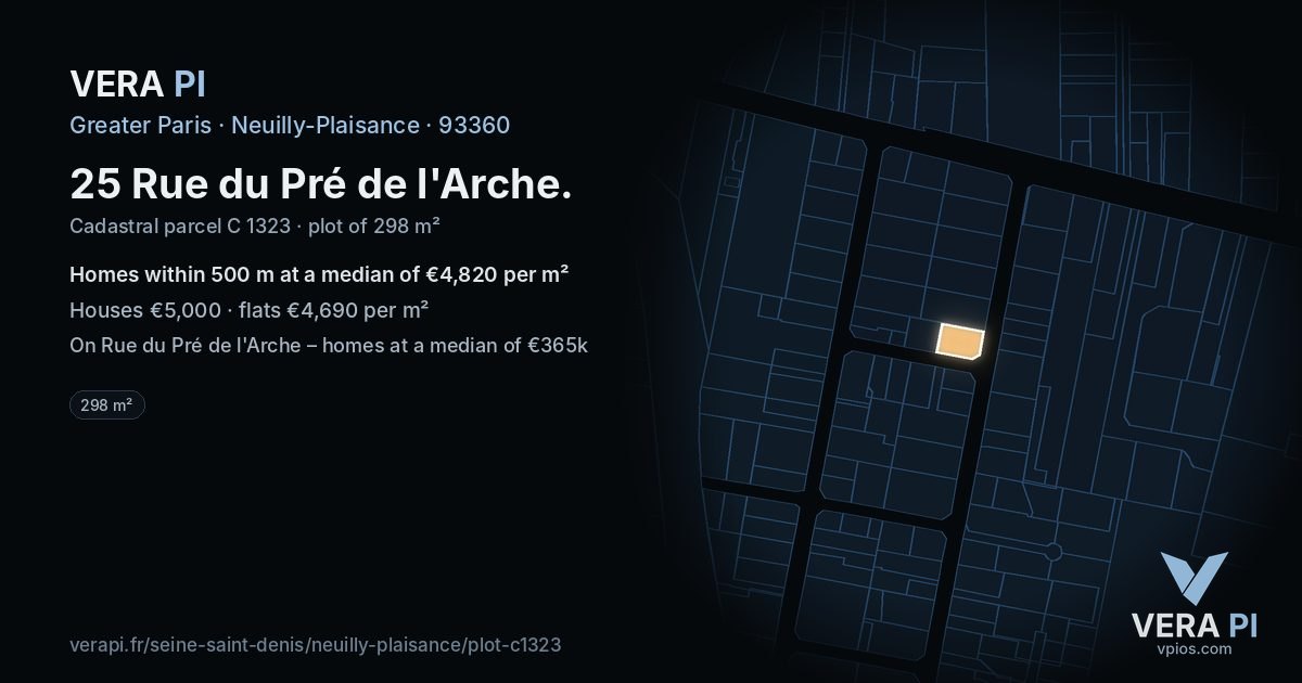 25 Rue du Pré de l'Arche, Neuilly-Plaisance at night – the plot lit, the parcels around coloured by the prices near them