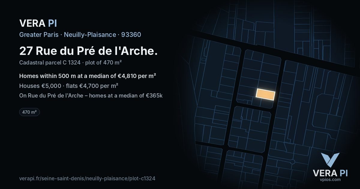 27 Rue du Pré de l'Arche, Neuilly-Plaisance at night – the plot lit, the parcels around coloured by the prices near them