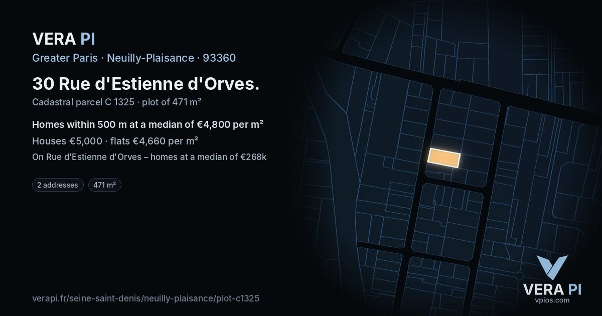 30 Rue d'Estienne d'Orves, Neuilly-Plaisance at night – the plot lit, the parcels around coloured by the prices near them