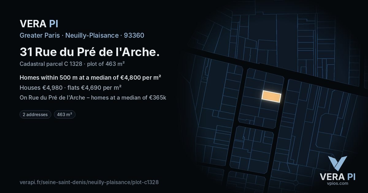 31 Rue du Pré de l'Arche, Neuilly-Plaisance at night – the plot lit, the parcels around coloured by the prices near them