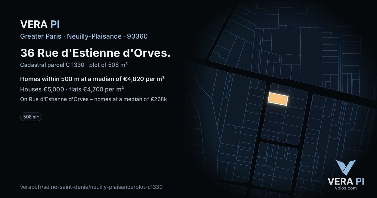 36 Rue d'Estienne d'Orves, Neuilly-Plaisance at night – the plot lit, the parcels around coloured by the prices near them
